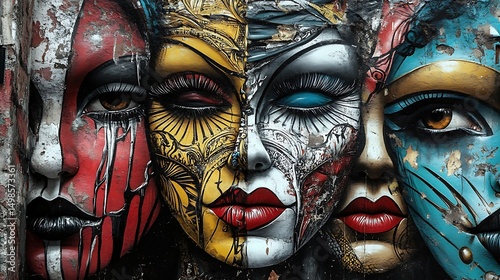 Street art blends vibrant masks with powerful emotions for exploring identity, expression, and urban creativity concept.
