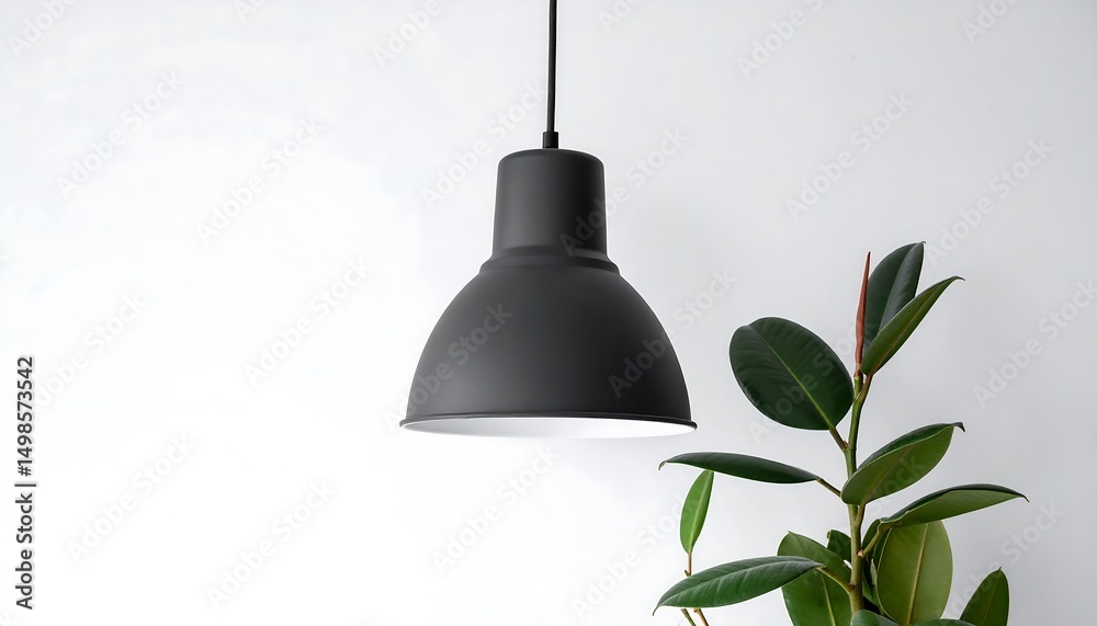 Obraz premium Modern Black Pendant Lamp Ficus Elastica Against White Wall Minimalist Design.