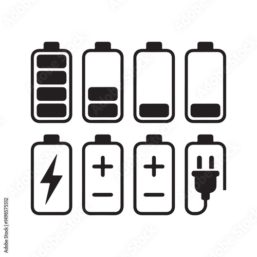 Battery icon set: vector symbols for phone power, energy, and mobile technology illustration