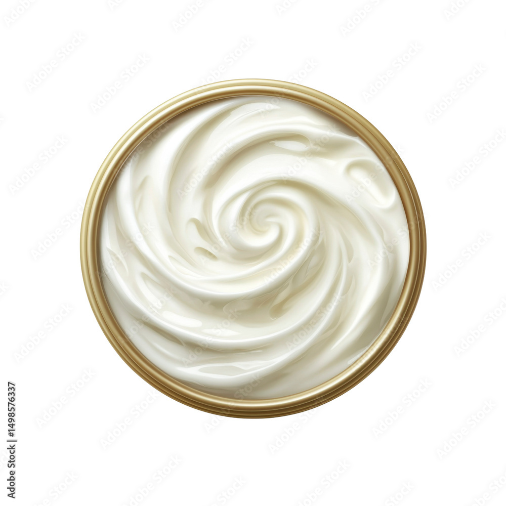 Creamy Swirl of White Yogurt or Cream Cheese in a Golden Container, Top View Creamy Swirl of White Yogurt or Cream Cheese in a Golden Container, Top View