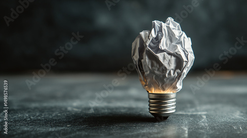 White Paper Crumpled Light Bulb on Dark Background Representing New Ideas and Creative Problem Solving