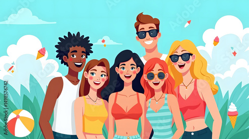 illustration captures the essence of a joyful summer day at the beach, featuring a diverse group of friends basking in the warm sun. The scene is filled with elements that evoke a sense of relaxation