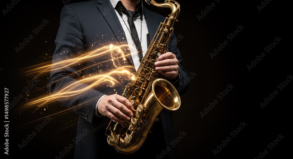 Obraz premium A Saxophonist in a dark setting, with golden light trails