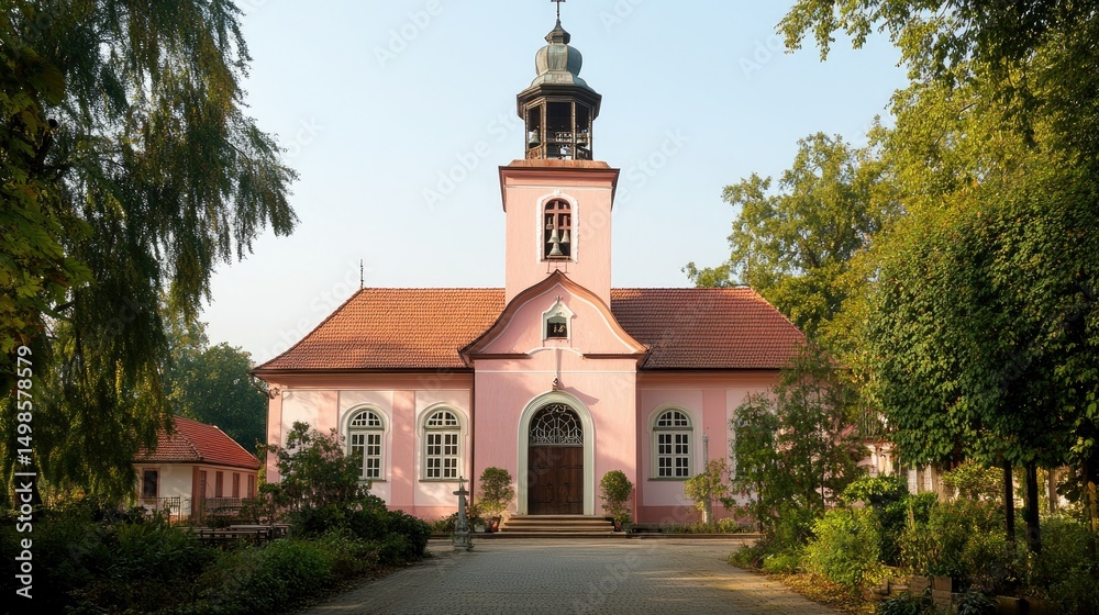 Naklejka premium Serene Pink Church in a Lush Garden