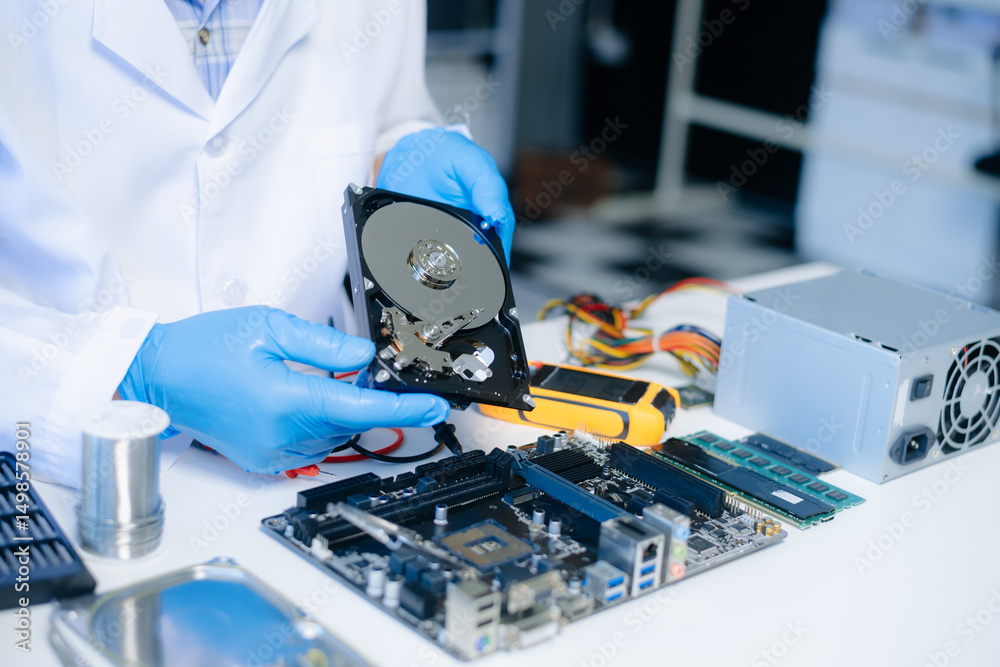 Obraz premium Electronics technician, electronic engineering electronic repair, electronics measuring and testing, repair
