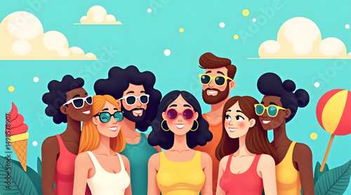 illustration captures the essence of a joyful summer day at the beach, featuring a diverse group of friends basking in the warm sun. The scene is filled with elements that evoke a sense of relaxation