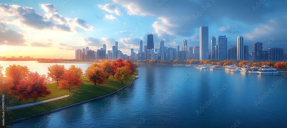 Fototapeta premium Beautiful autumn sunset illuminating chicago city skyline above the lakefront at dusk