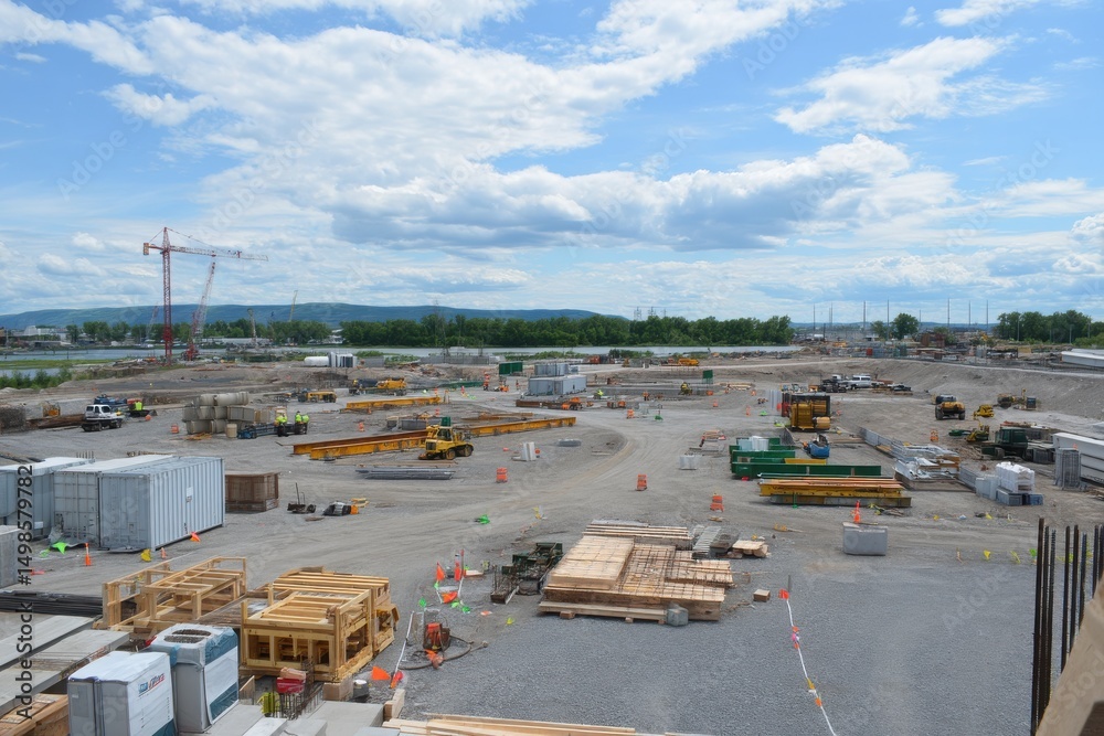Fototapeta premium Construction Site Overview with Equipment and Materials in Progress