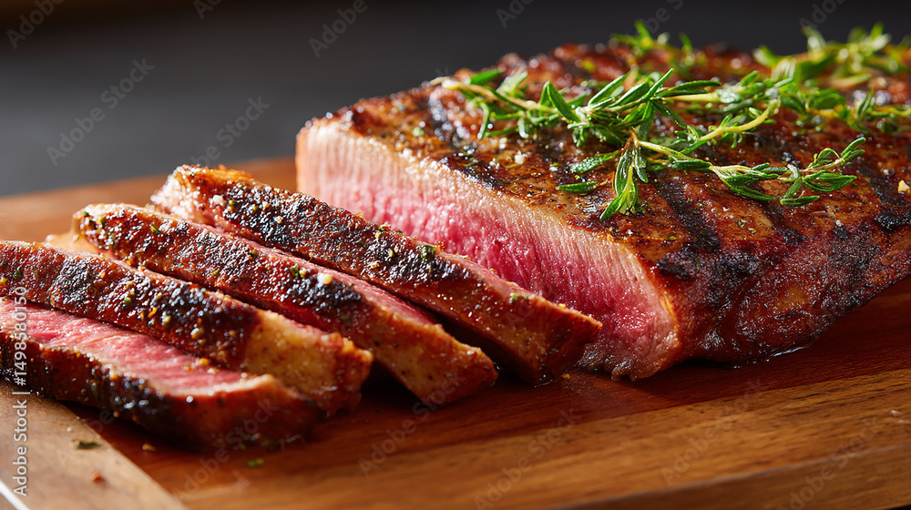 Sliced Grilled Steak on Wooden Board with Rosemary for Delicious Meal and Culinary Presentation Sliced Grilled Steak on Wooden Board with Rosemary for Delicious Meal and Culinary Presentation