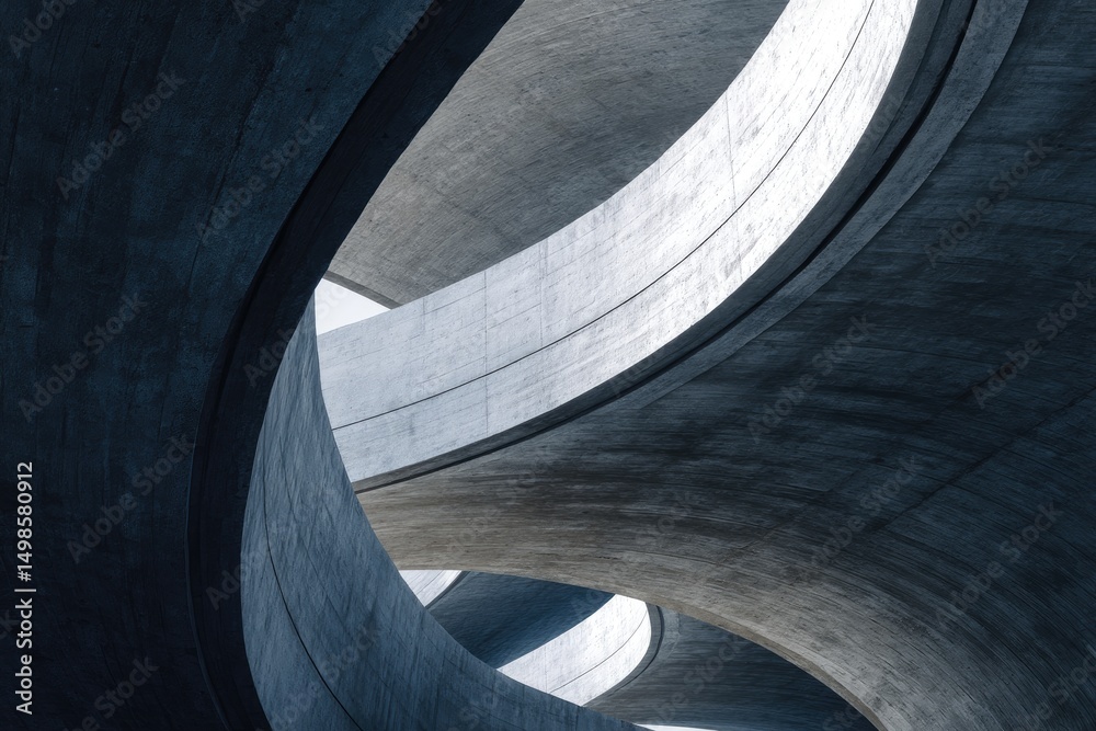 Fototapeta premium Architectural close-up of curved concrete structures, abstract urban geometry