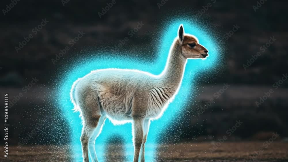 Llama in Light: A majestic llama stands out in an aura of ethereal light, set against a backdrop of blurred mountains and terrain. The mystical scene blends nature's beauty with a touch of fantasy.