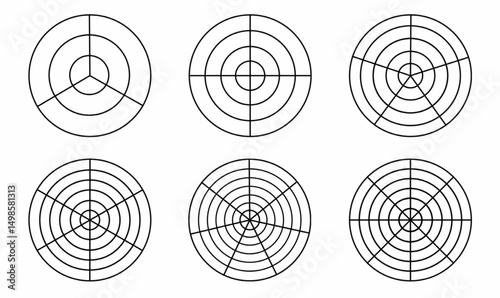 Vector set of polar grids with radial and concentric lines. Perfect for charts, data plots, UI elements, diagrams, and tech visualizations.