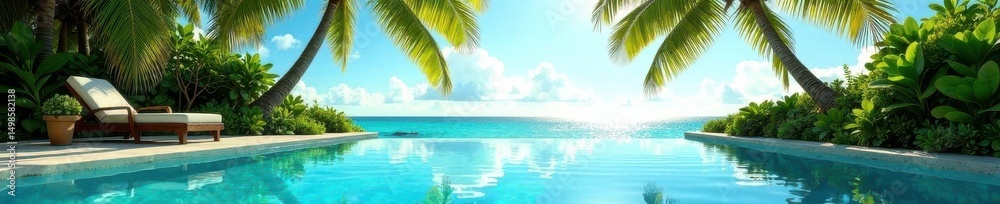 Fototapeta premium Azure water, lush palm backdrop, sun-drenched pool, sky, refreshing, swimming pool