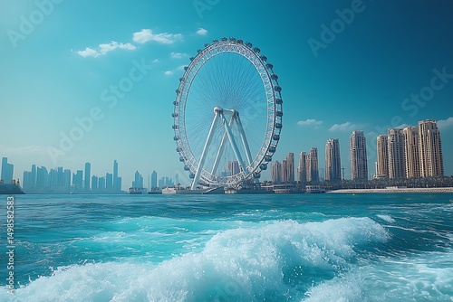 Spectacular view of the ain dubai ferris wheel and dubai skyline on a bright sunny day