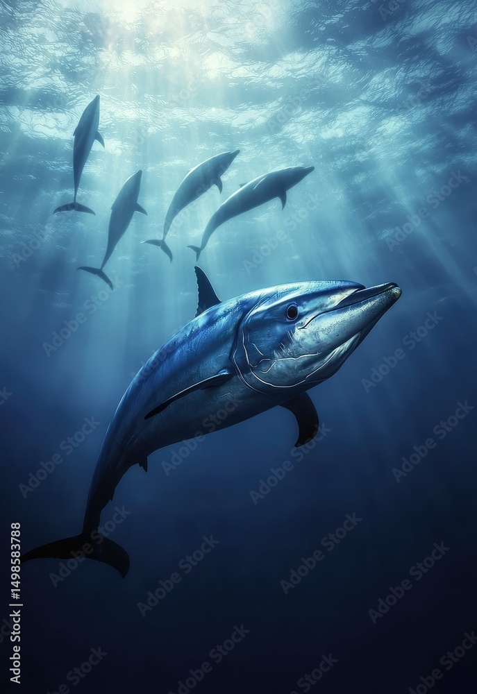 Obraz premium A bluefin tuna encounters a group of dolphins, swimming alongside them for a brief moment before continuing its pursuit of prey. Stock