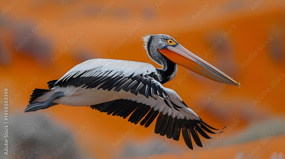 Fototapeta premium Pixel Art Pelican in Flight Over Orange Water