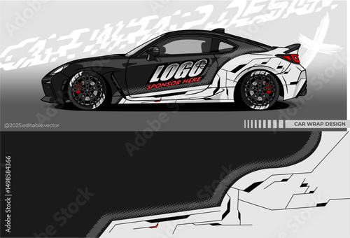 Illustration vector grahic of Car wrap decal with abstract mecha design.Black, white colour. Livery car editable. Mockup template sticker vinyl for racing, drift, rally, or daily use