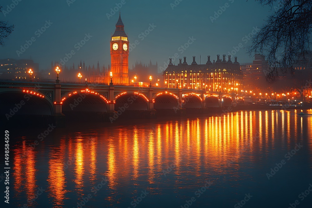Naklejka premium Illuminated big ben, houses of parliament and westminster bridge reflecting in the river thames at night