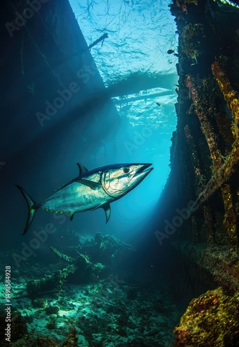 A bluefin tuna swims near a submerged shipwreck, its large body navigating around the wreckage with ease in search of prey. Stock
