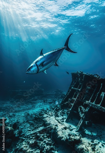 A bluefin tuna swims near a submerged shipwreck, its large body navigating around the wreckage with ease in search of prey. Stock