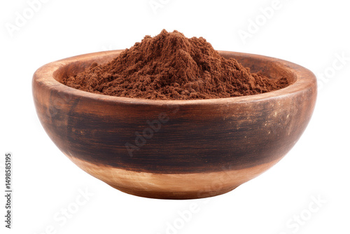 Wooden bowl filled with rich cocoa powder on black background, cut out
