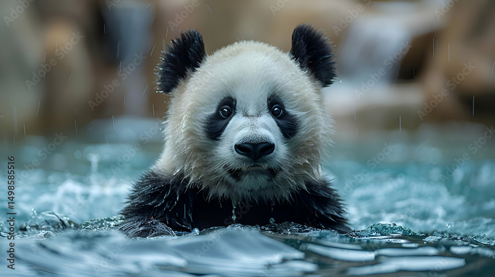 Fototapeta premium Playful Panda Cub Splashing in Water