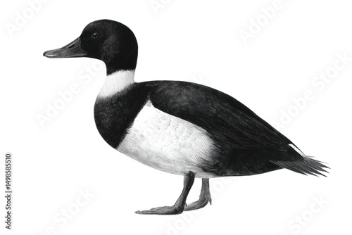Detailed illustration of a tufted duck showing distinctive black and white plumage, cut out
