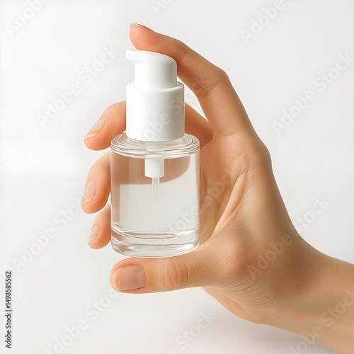 Minimalist Clear Serum Bottle with Pump in Hand – Skincare Product Mockup on White Background
