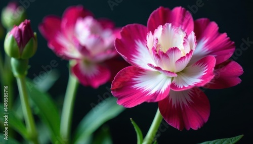 Deep purple petals, stark white core, lush green leaves Isolated carnation macro , detail shot, bloom