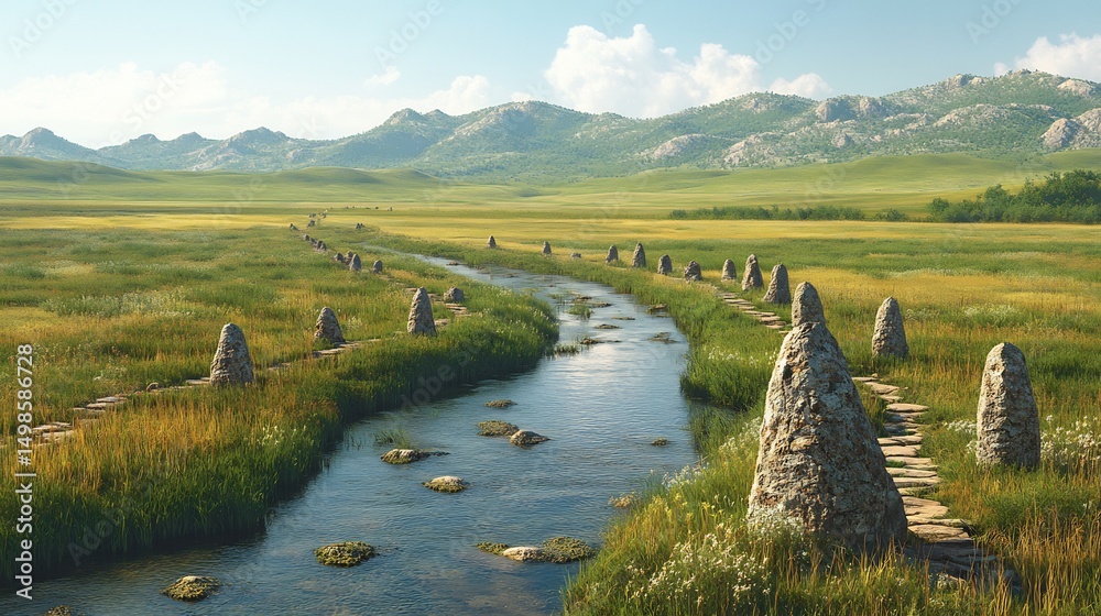 Obraz premium Ethnogeographic rendering of cultural routes combining pilgrimage tracks seasonal pasture trails and waystations with embedded ritual markers and stone cairns for orientation