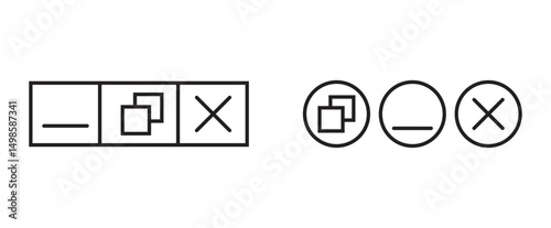 Browser web button icons. Close window icon. Maximize, minimize full icons set, minimize and maximize icon
