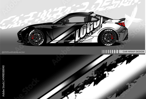 Illustration vector grahic of Car wrap decal with abstract design.Black, white colour. Livery car editable. Mockup template sticker vinyl for racing, drift, rally, or daily use