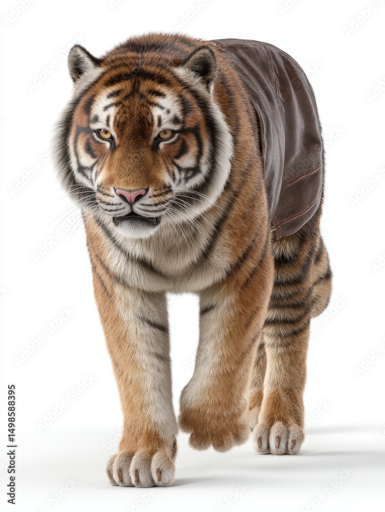 Obraz premium Visually striking , photorealistic of a tiger wearing a school uniform with a jacket and pants, isolated on white background,