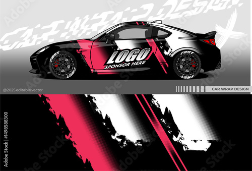 Illustration vector grahic of Car wrap decal with abstract design. Black, pink, white colour. Livery car editable. Mockup template sticker vinyl for racing, drift, rally, or daily use