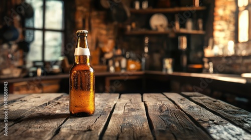 A bottle of beer on a handmade table in a rustic kitchen