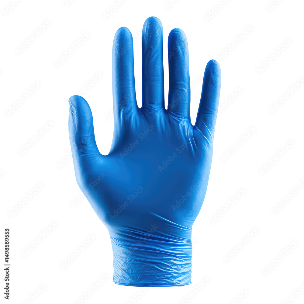 Obraz premium Title: Hand Wearing Blue Medical Glove with Open Palm Facing Forward