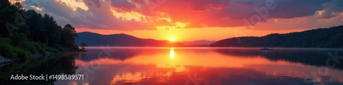 Fiery sunset paints sky above still summer lake; long shadows stretch across water , beam, still, outdoors