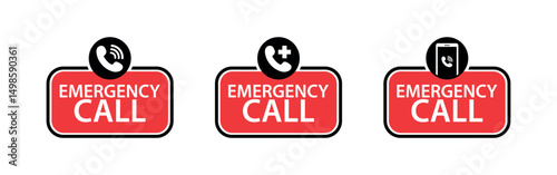 Red Emergency Call Button Vector Set Featuring Handset Silhouette, Medical Cross and Smartphone Graphics for Urgent Contact Design