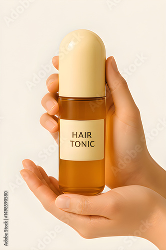 Amber Hair Tonic Bottle with Cream Cap in Hand – Natural Hair Care Cosmetic Mockup