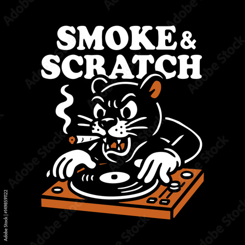 Groovy Panther DJ Mascot – Retro Cartoon Style Illustration Smoking and Scratching Vinyl