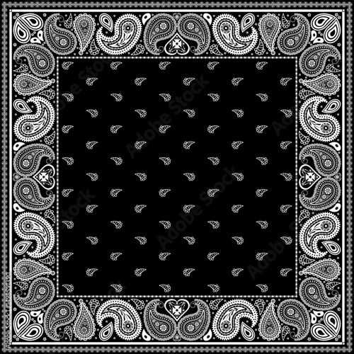 Bandana paisley square ethnic floral hand drawn pattern.Ornament classic vintage vector elements white on black background.Design for scarf,headscarf,kerchief,hijab,tablecloth,print fabric,decoration.