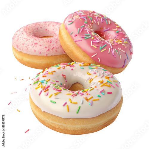 Assorted Glazed Donuts with Sprinkles: Pink, White, and Sweet on PNG Background