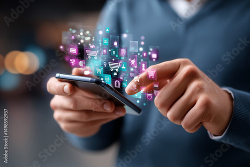 Man Using Smartphone with Digital Shopping Icons – Modern Mobile E-Commerce Experience, 