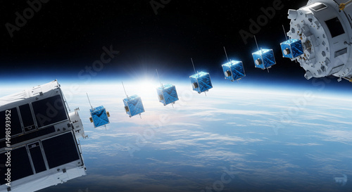 A row of small cube satellites (CubeSats) released from a spacecraft into orbit