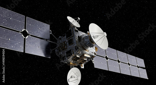 A close-up of a communication satellite with extended solar panels floating in space
