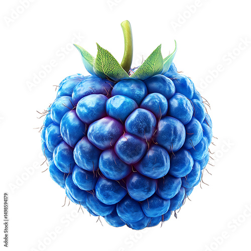 Vibrant Blue Raspberry with Green Stem and Leaves Isolated on white background