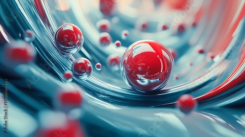 Abstract red and blue spheres float in swirling liquid with dynamic motion for exploring fluidity and vibrant color interaction concept.