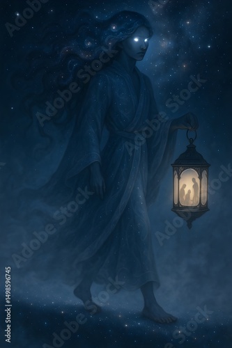 Dream Guide Walking Across a Celestial Star Bridge with Lantern

