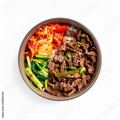 Rice bowl with beef bulgogi and kimchi isolated on white background for Korean lunch or street food concept