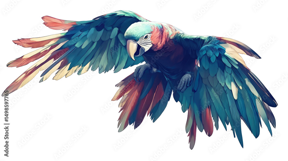 Fototapeta premium Title: Colorful Parrot Flying Isolated on White Background – Transparent Background